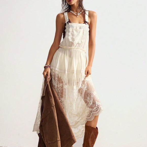 Apricot Casual Women's Woven Splice Lace Trim Loose Cami Midi Dress - Picture 3 of 7